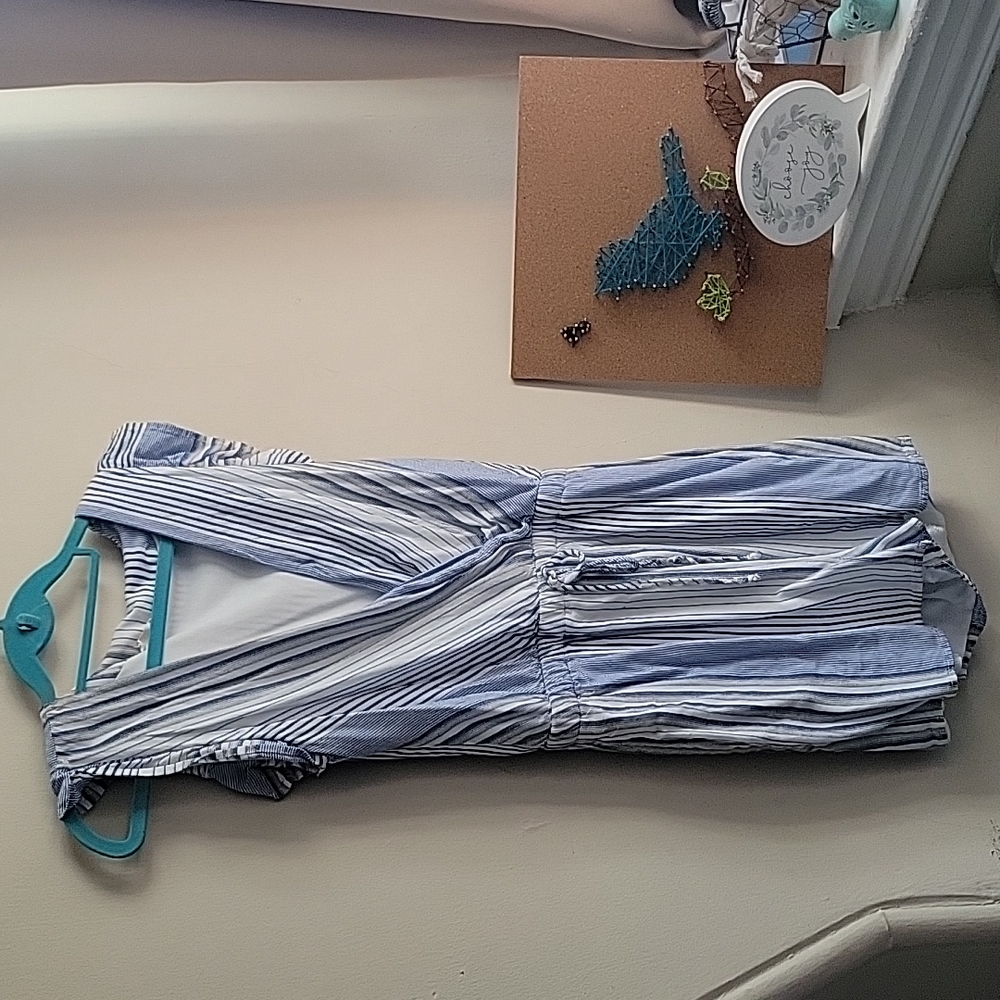 Blue Striped Nautical Romper with Tie and Pockets | S